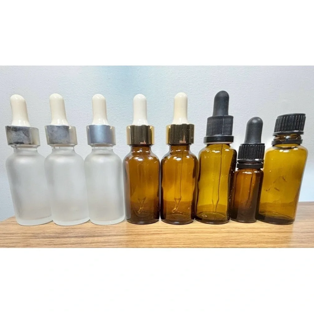 Set of 8 Empty Amber and Frosted Glass Dropper Bottles, [Various Sizes]